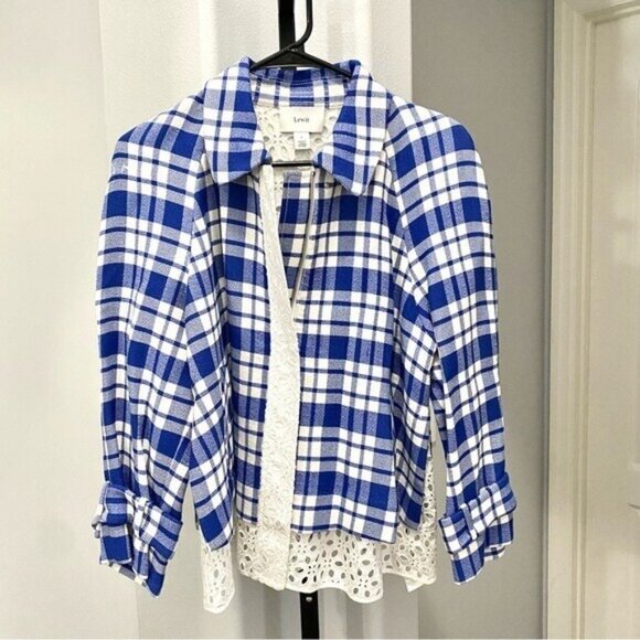 LEWIT Lace Eyelet Plaid Patterned Jacket Blue White  Layered Look Sz Small Fall - Picture 2 of 6